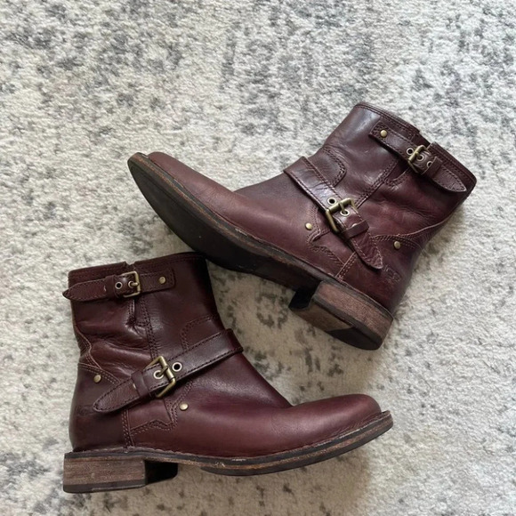 UGG FABRIZIA BROWN LEATHER MOTO HARNESS BUCKLE BOOTS 5.5 - Picture 4 of 11